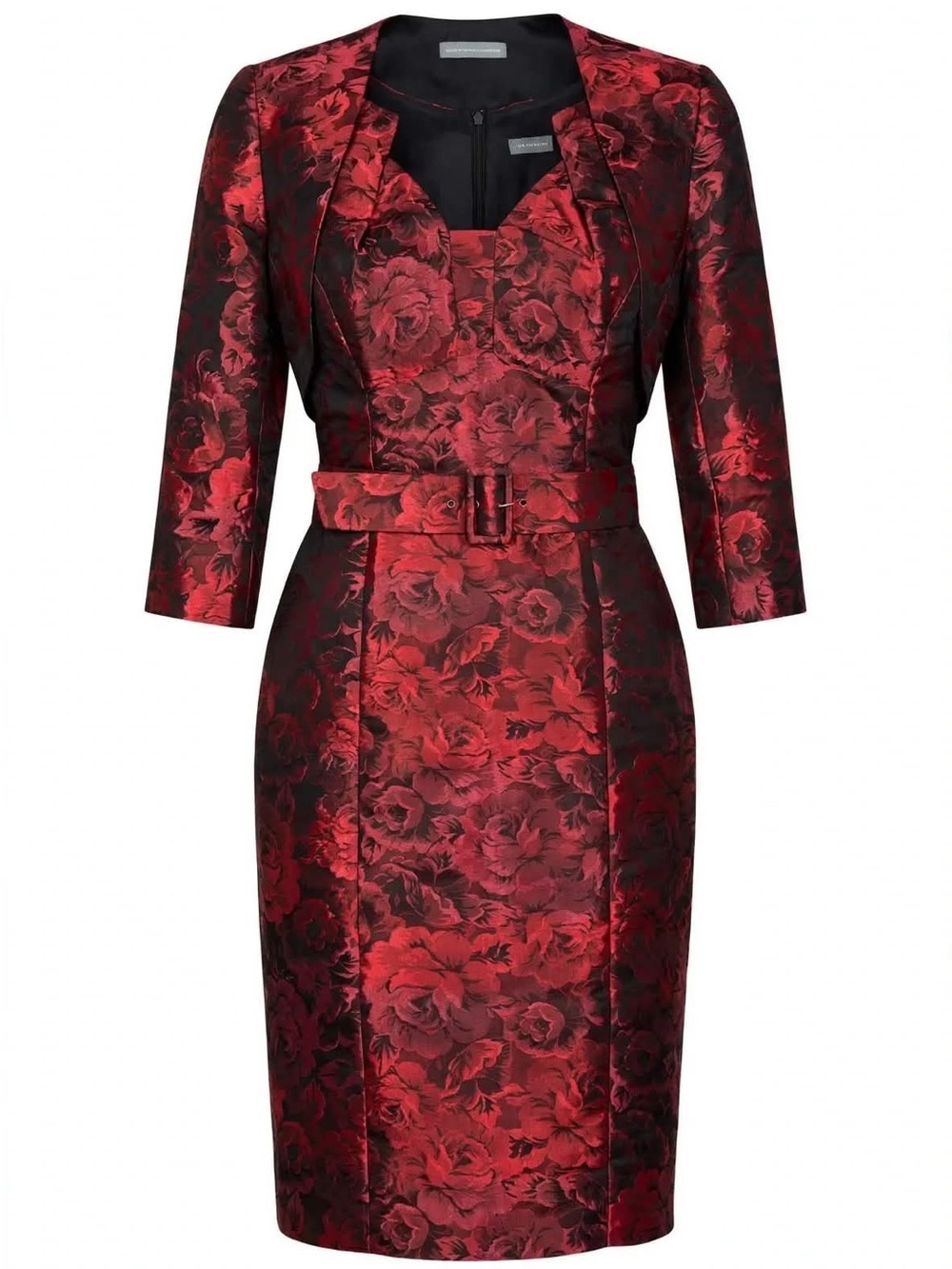 Michaela Louisa NWT Style 7324 Red Black Rose Brocade 2pc Dress + Bolero Jacket